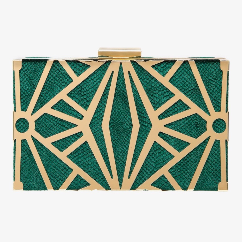 Green & Gold  Geometric Metal-Trim Evening Clutch